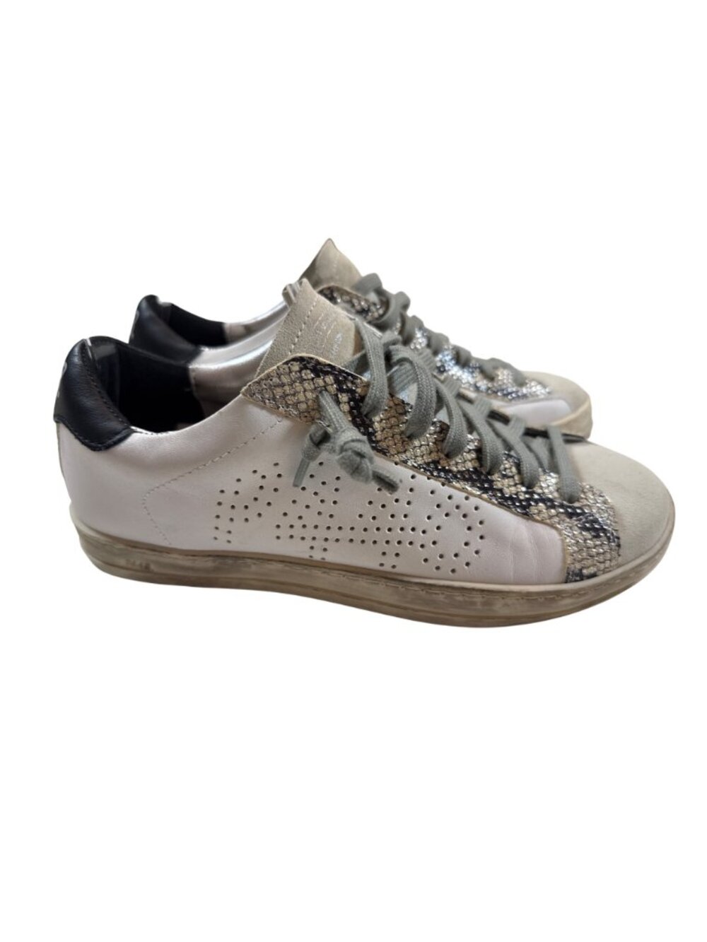 P448 White & Metallic Leather Sneakers With Snakeprint Details size 36 / US 6